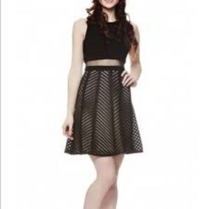 Betsey & Adam Black Tan Chevron Stripe Semi Sheer Waist Fit & Flare Dress